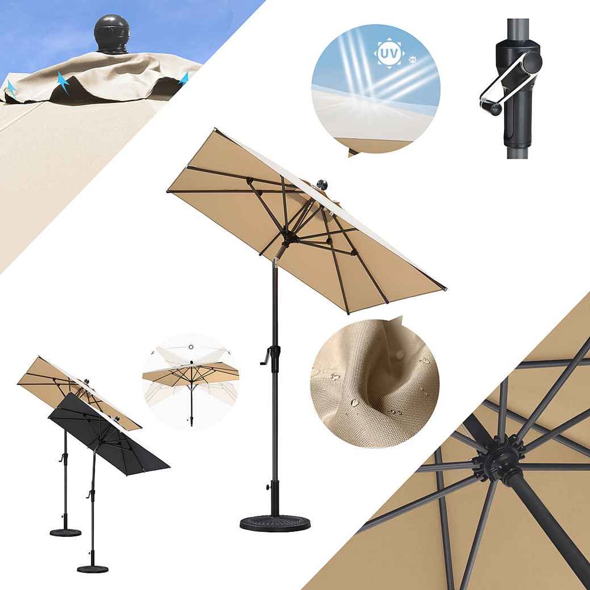 PURPLE LEAF rechthoekige parasol — parasol voor op het balkon of terras, met centrale parasolstok — naar voren en naar achteren kantelbaar — beige — UV50+