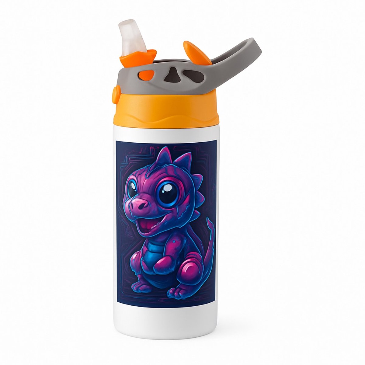 Cyberpunk Dino Cartoon Drinkfles – Leuke Cartoon Drinkfles voor Spelletjes en Comics Fans - Waterfles voor kinderen (wit/oranje)