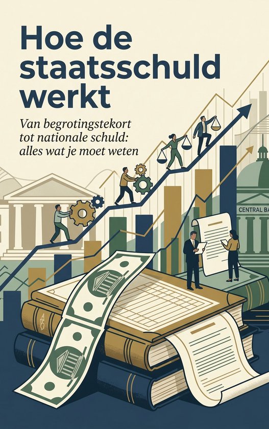 Illustratie van de staatschuld met geld, boeken, grafieken en figuren die werken met tandwielen.