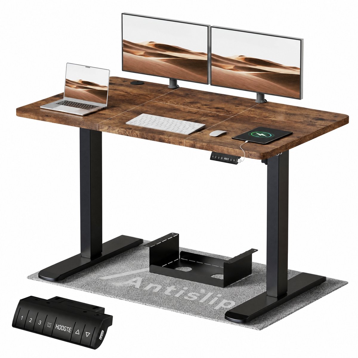 Devoko Elektrisch Zit-Sta Bureau 140x70 cm – 18 mm Dik Tafelblad – 3 Geheugenstanden – USB en Zit-alarm – Kabelmanagement – Zwart frame met donker houtlook blad