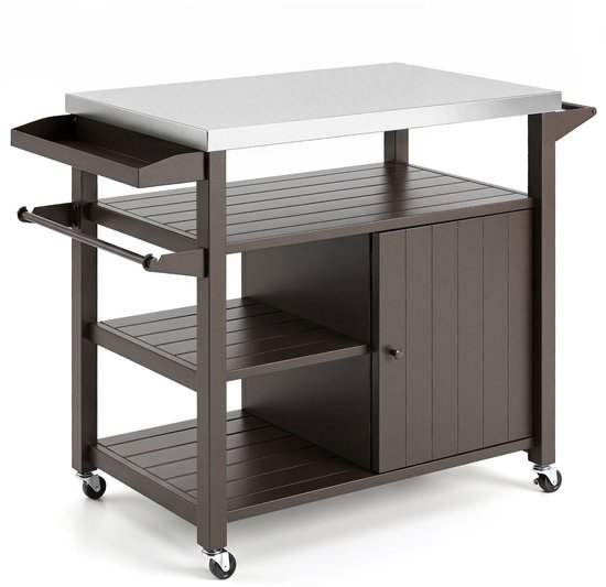 Buitenkeuken op Wielen - BBQ Trolley - Met Opbergkast & Planken - Werktafel voor Buiten - Metaal, RVS - Multifunctioneel - Bruin + Zilver — afbeelding 3