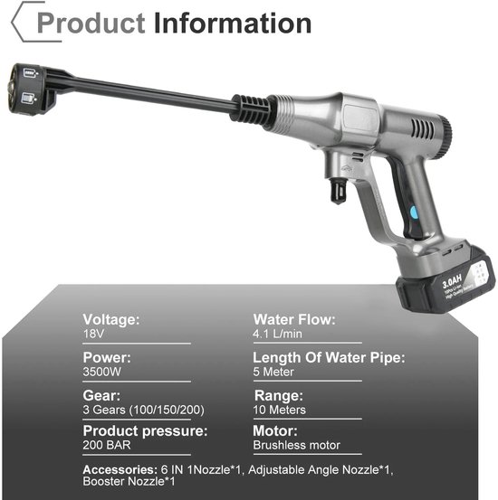 House Of Atelier - Hogedrukreiniger - Hogedrukspuit - Watersproeipistool - 6-in-1 - Krachtige Reiniging - 1 accu - Pistool — afbeelding 5