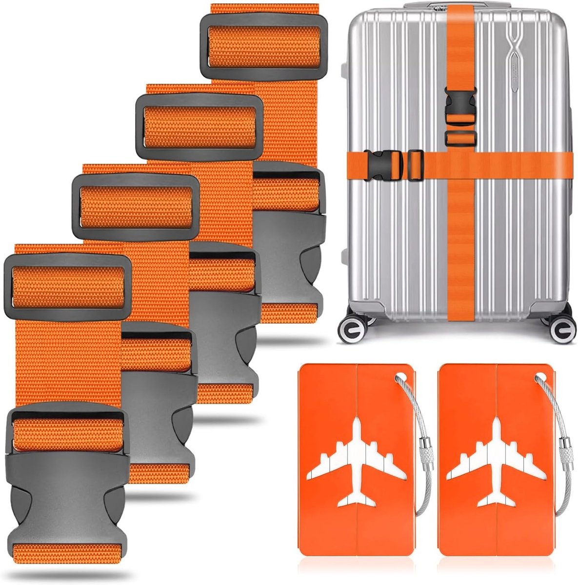 Verstelbare Kofferspanners met 2 Bagagetags - 200cm x 5cm - Universeel Geschikt voor Auto, Vrachtwagen en Boot
