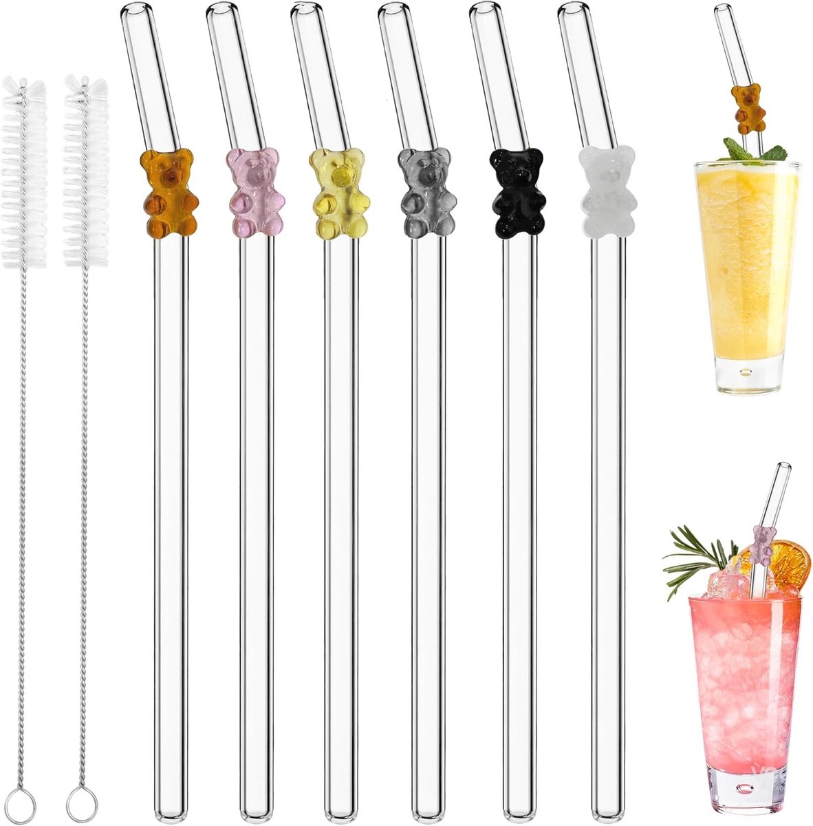 Herbruikbare Glazen Rietjes Set van 6, Gebogen Rietjes met Schoonmaakborstels voor Sappen, Cocktails en Smoothies