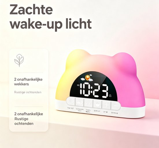 Sfeerwekker met RGB-verlichting, Spiegel Display, Type-C, 2 Wekkers, Kinderslot, Wake-up & Slaapfunctie voor Kinderen en Volwassenen — afbeelding 3