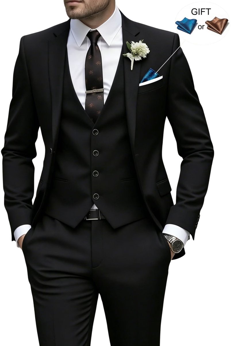 Currero 3 Delig Herenpak Met Overhemd - Suit 2 Delig - Tailored Fit Kostuum - Business Pak - Trouwpak - Smoking - Tuxedo Stijl - Bruiloft, Kantoor & Feest - Zwart M