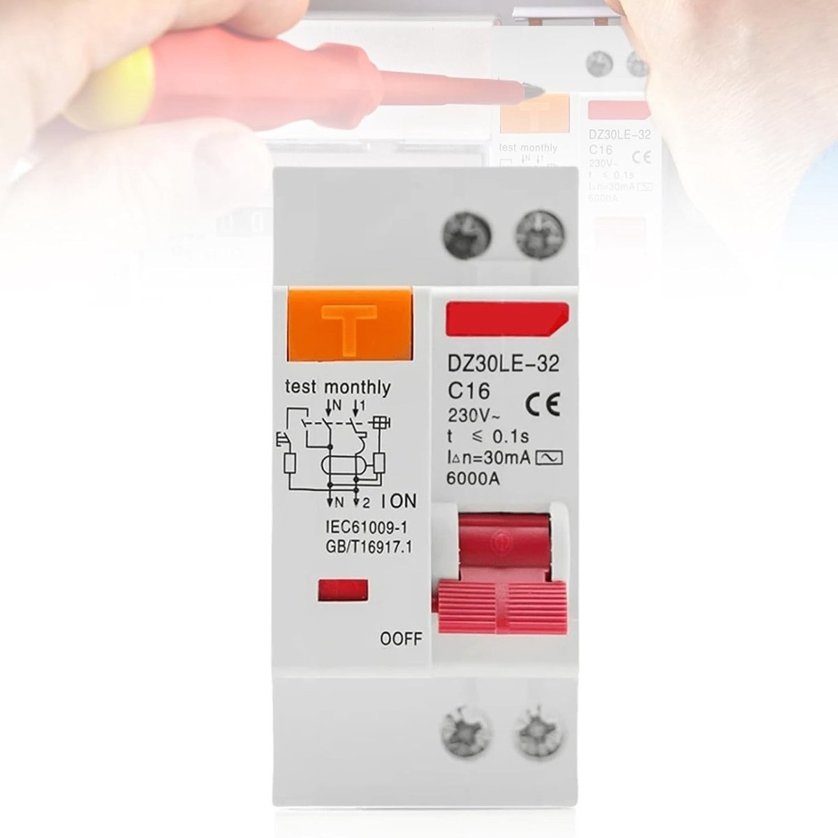 RCD Aardlekschakelaar 16 A, 30 mA, 1P+N, Voorzien van Overbelasting- en Aardlekbeveiliging, DIN Rail Montage