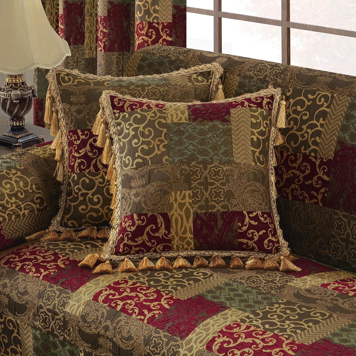Kussenhoes 45x45cm - Jacquard Patchwork - Met Kwastjes - Perfect voor Woonkamer - ShopVlot