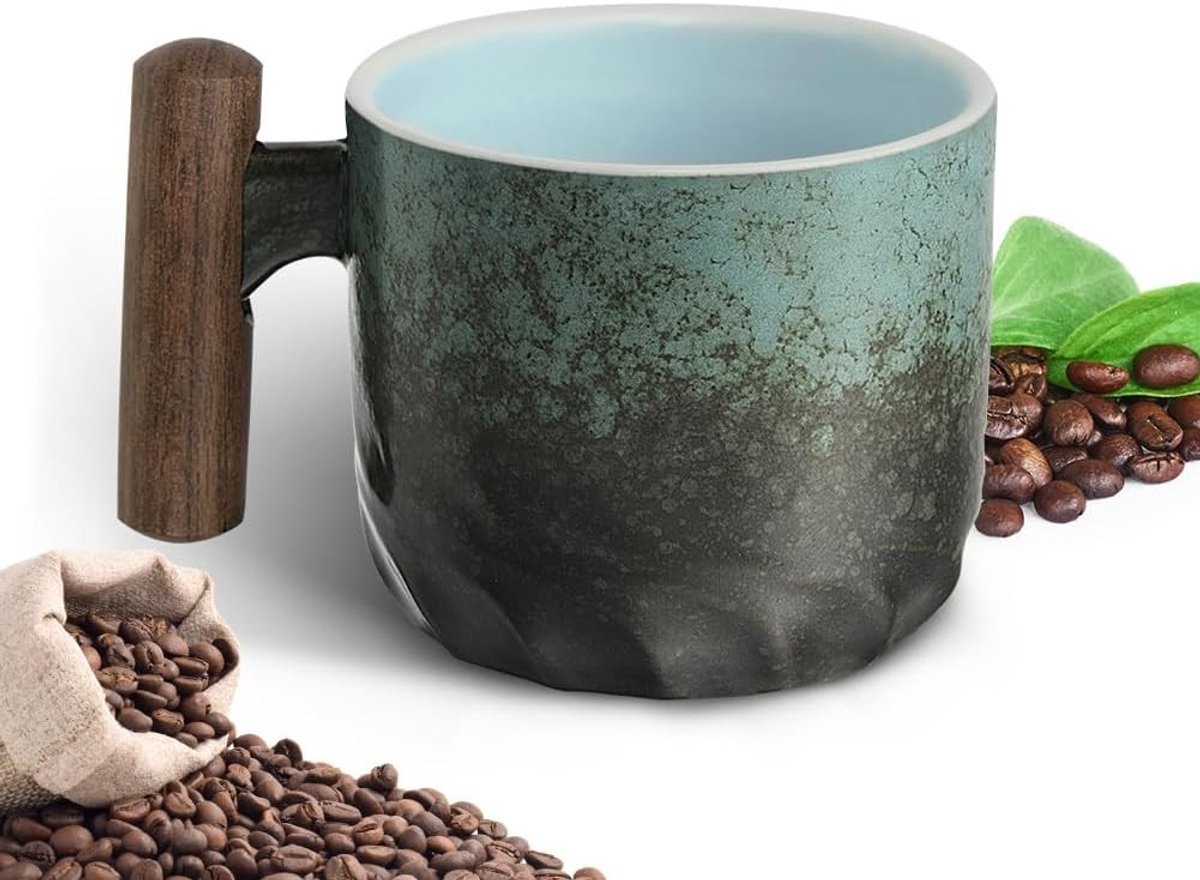Retro Handgemaakte Espressokopjes van Keramiek met Houten Handvat - Perfect voor Koffie, Thee en Decoratie in Huis of Kantoor