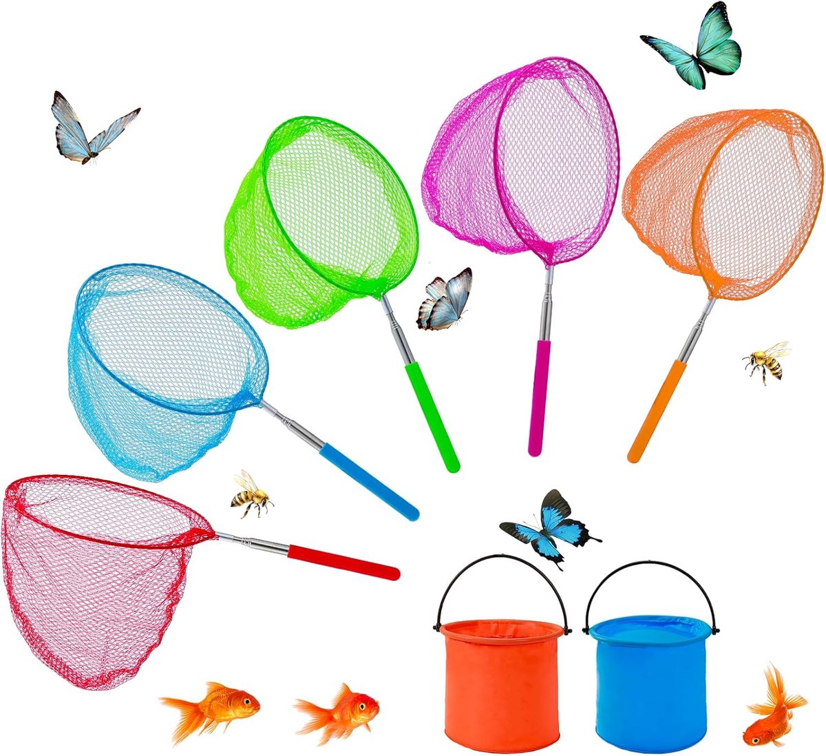 Schepnet voor kinderen - telescopisch met 5 vlindernetten - 2 opvouwbare emmers - ideaal voor insecten en vlinders - ShopVlot