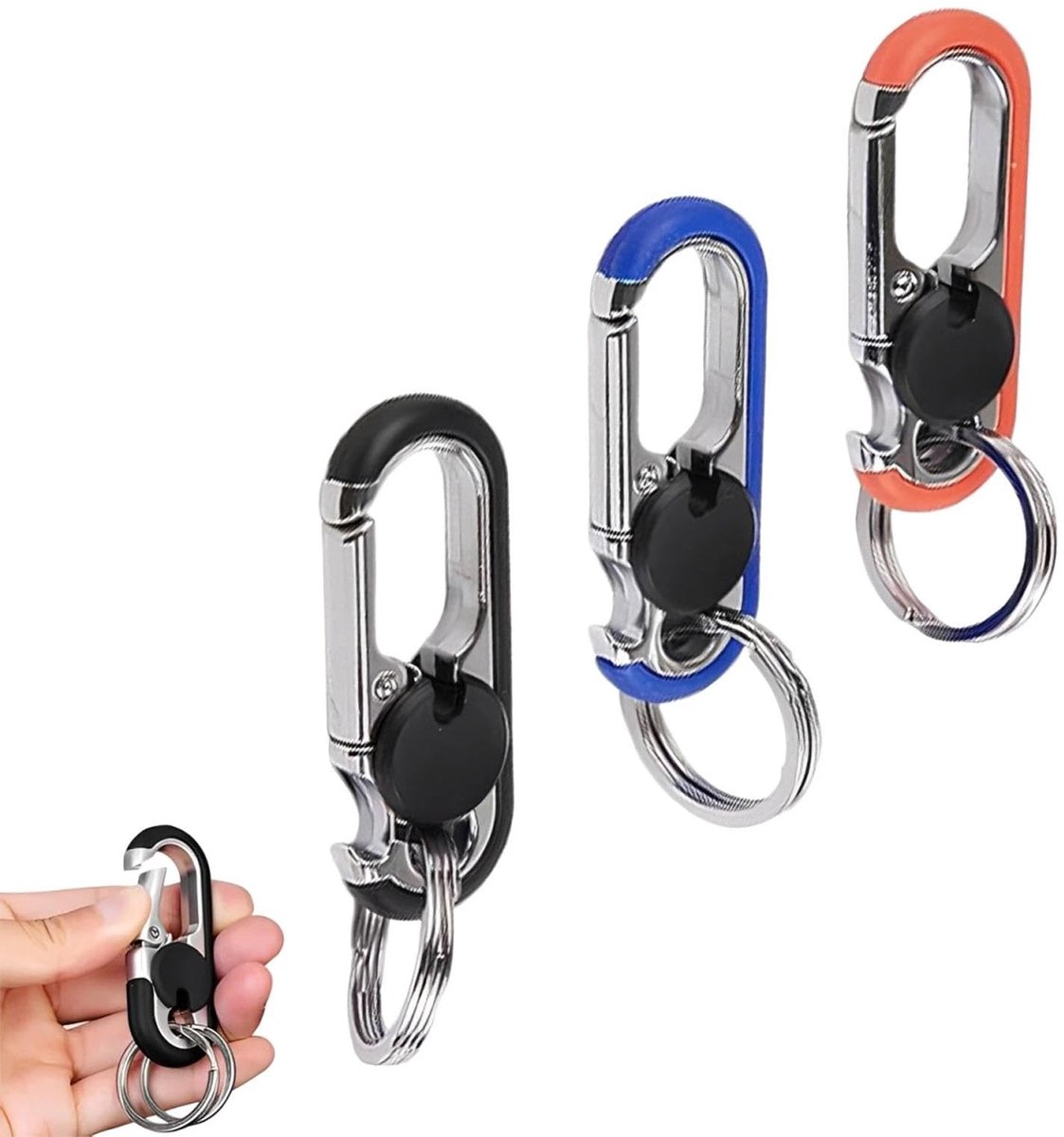 sleutelhanger 3 stuks zwaar - metalen dubbele sleutelringen - flesopener en karabijnhaak - handige sleutelorganisatie - ShopVlot