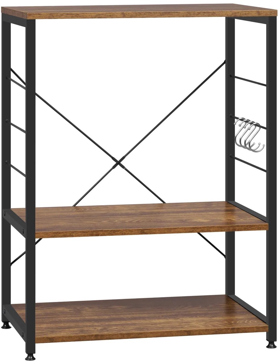 Klarven® Keukenrek Vintage bruin - 3 Verstelbare Planken en 4 Zijhaakjes, 20 kg Draagvermogen per Plank, Antislip Voeten en Kantelbeveiliging - B 60 x D 40 x H 82 cm
