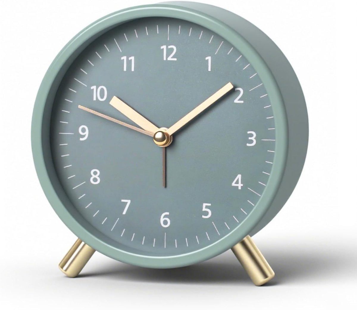 Stille analoge wekker, groen metaal met nachtlampje, niet-tikkende nachtkastklok, kleine retro ronde reiswekker met elektronisch quartz uurwerk, werkt op batterijen.