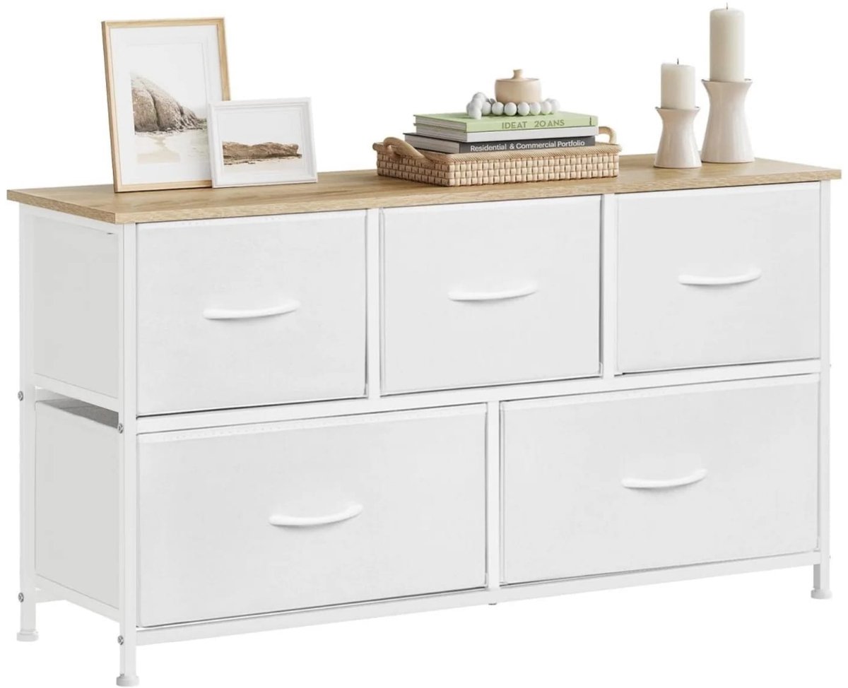 Klarven® Ladenkastje Wit - 5 Laden in Twee Maten, Stevig Metalen Frame, Zachte Stoffen Lades, 40 kg Draagvermogen, Zelf te Monteren - B 100 x H 54 x D 30 cm