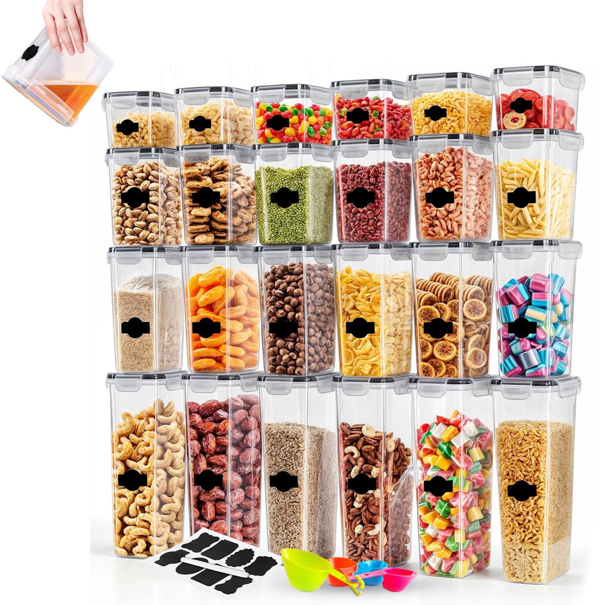Wishdor 24-delige vershoudbakjes set - Luchtdichte voorraadbussen - Voor keuken en koelkast - Inclusief labels en stiften - BPA-vrij PP - Transparant - L 30 x B 16 x H 11 cm