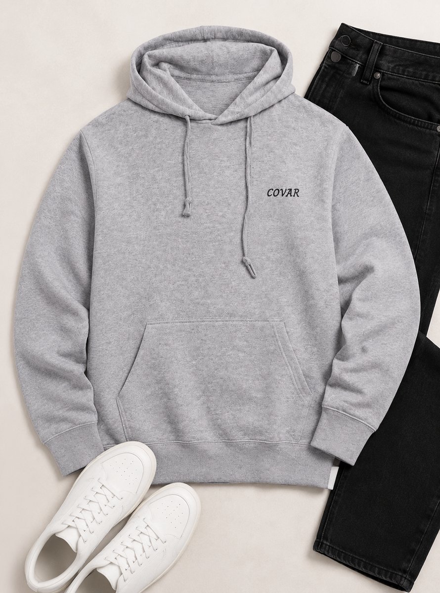 Grijze Heren Hoodie - Trui met Capuchon - Katoen - COVAR Print - Regular Fit - 3XL