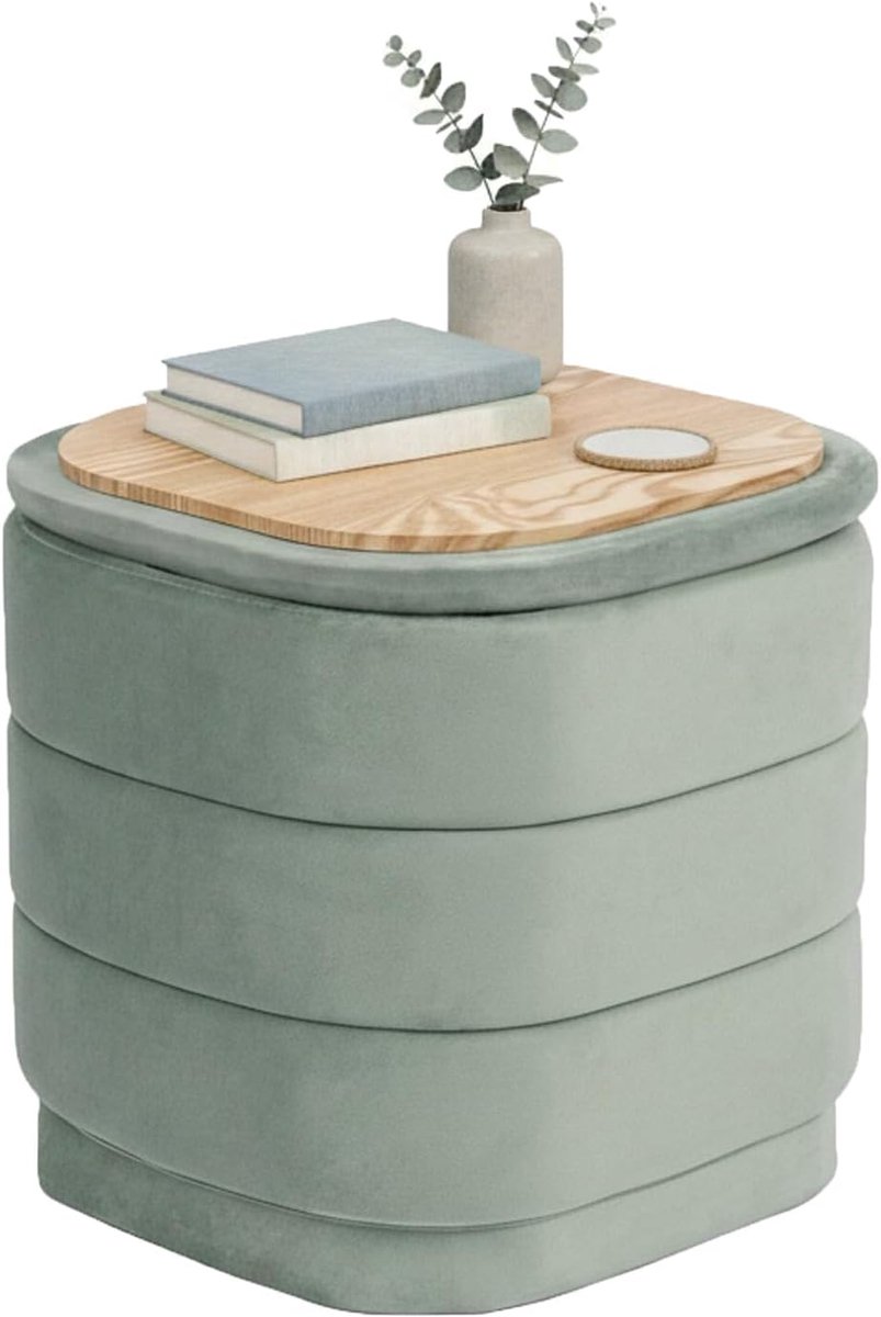 Ottoman met opbergruimte 38 x 38 cm - fluweel saliekleurig - inklapbare voetensteun - praktische opbergfunctie - ShopVlot
