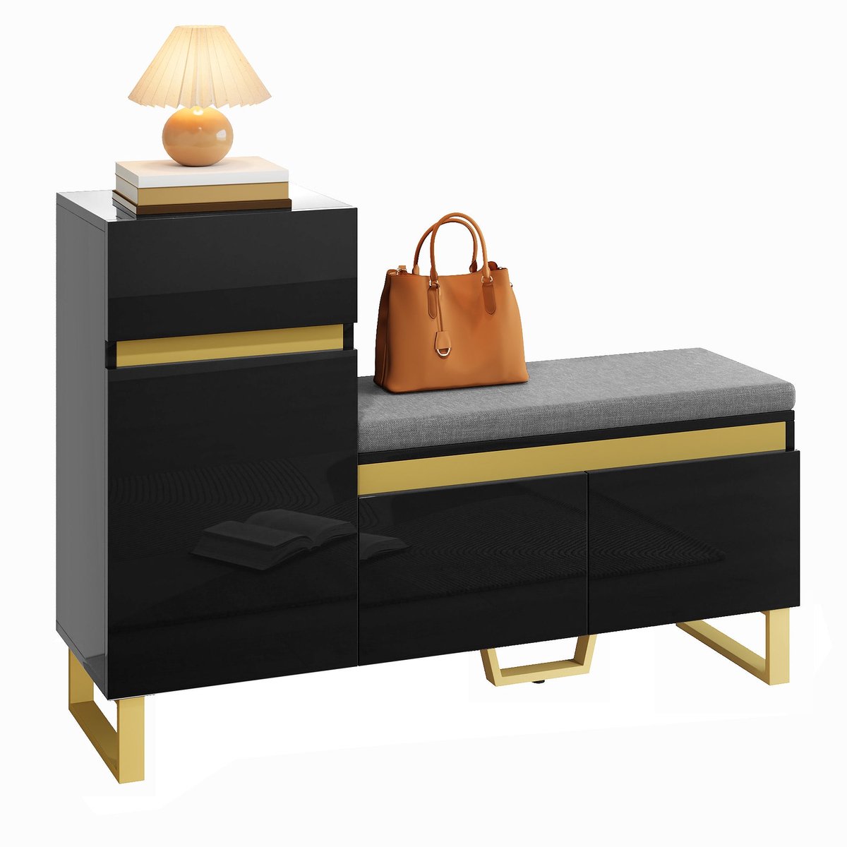 Merax Schoenenkast met Zitbank - 120 x 35 x 85 cm - Zwart - Goudkleurige Accenten - Lade - Opbergvakken - Halmeubel