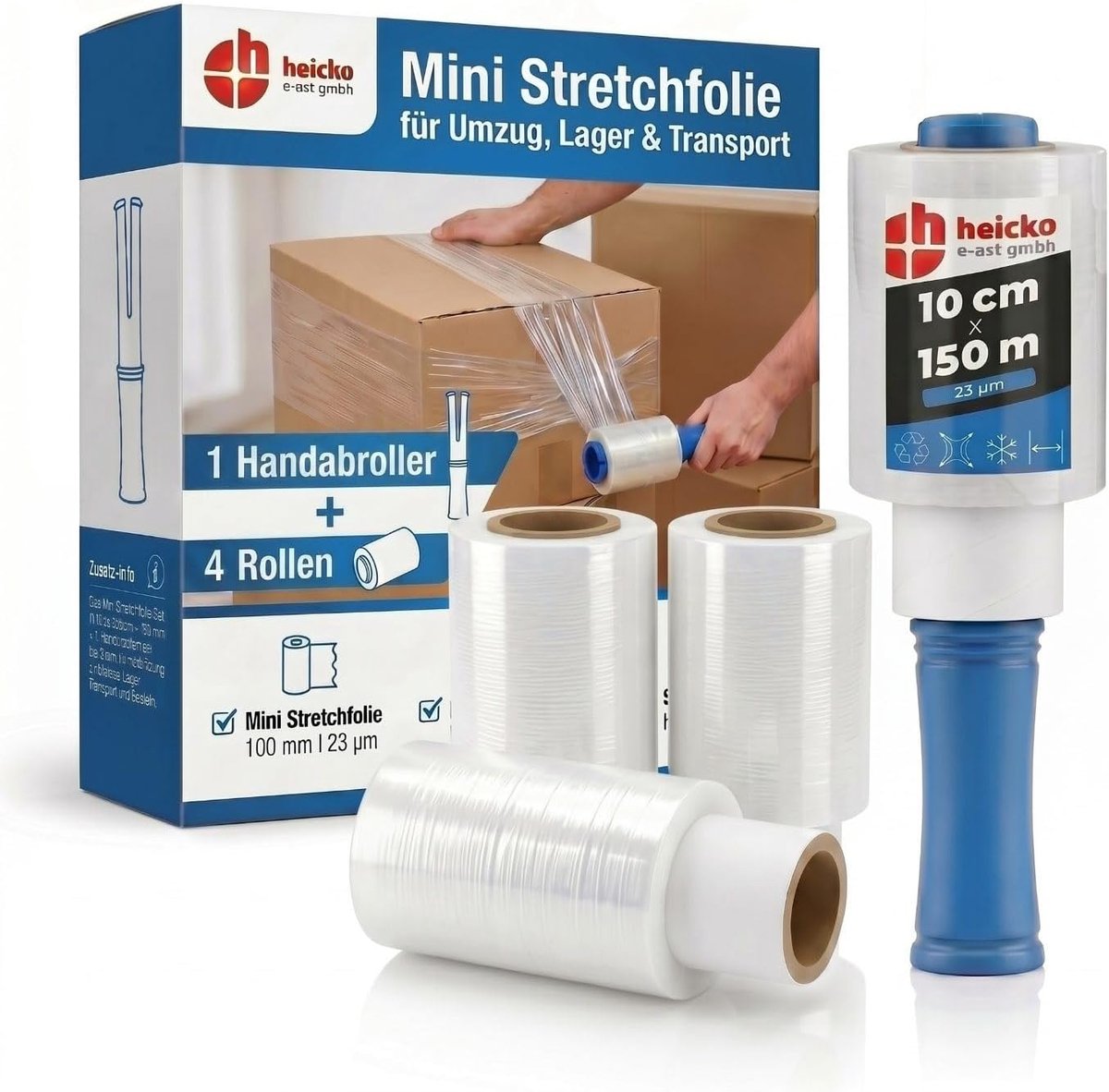 h Stretchfolie, 4 stuks, 23 µm 100 mm x 150 m met handafroller - ShopVlot
