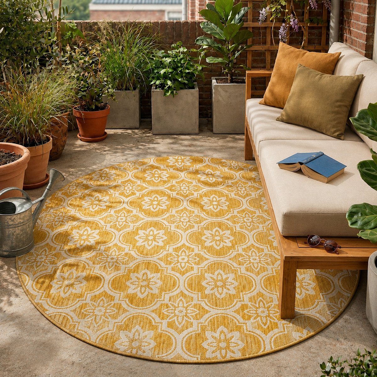 Fraai Rond buitenkleed - Rio Flower Geel - Ø 200 cm