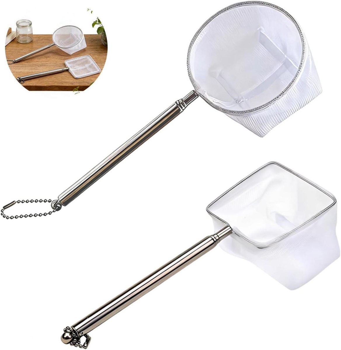 Aquarium Schepnet Set - Visnet Garnalennet - Aquarium Onderhoud - Uittrekbare Handgreep - 2 Stuks - Wit