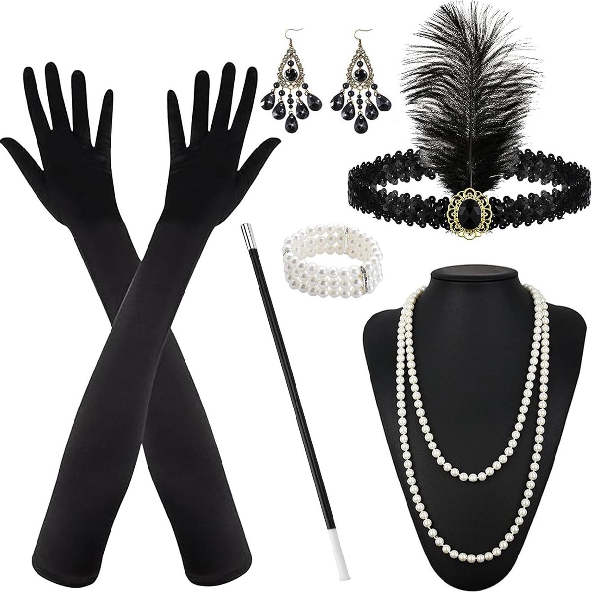 Elegante 1920s Kostuumaccessoires voor Vrouwen met Hoofdband, Handschoenen en Parelketting voor Halloween Feestjes
