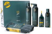 U-Sport cadeaupakket met Bike Foam Cleaner, Chain Cleaner, Bio Chain Wax, Disc Brake Cleaner en een grijze microvezeldoek.