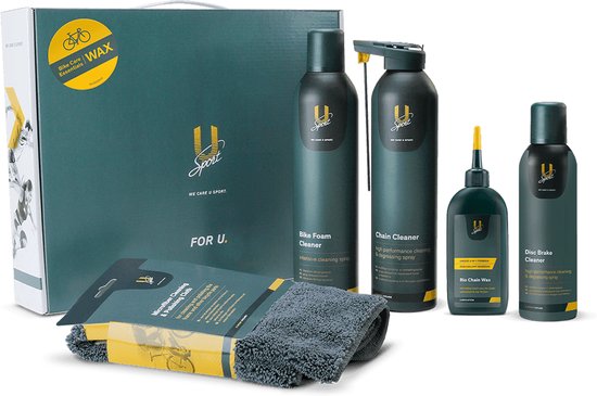 U-Sport cadeaupakket met Bike Foam Cleaner, Chain Cleaner, Bio Chain Wax, Disc Brake Cleaner en een grijze microvezeldoek.