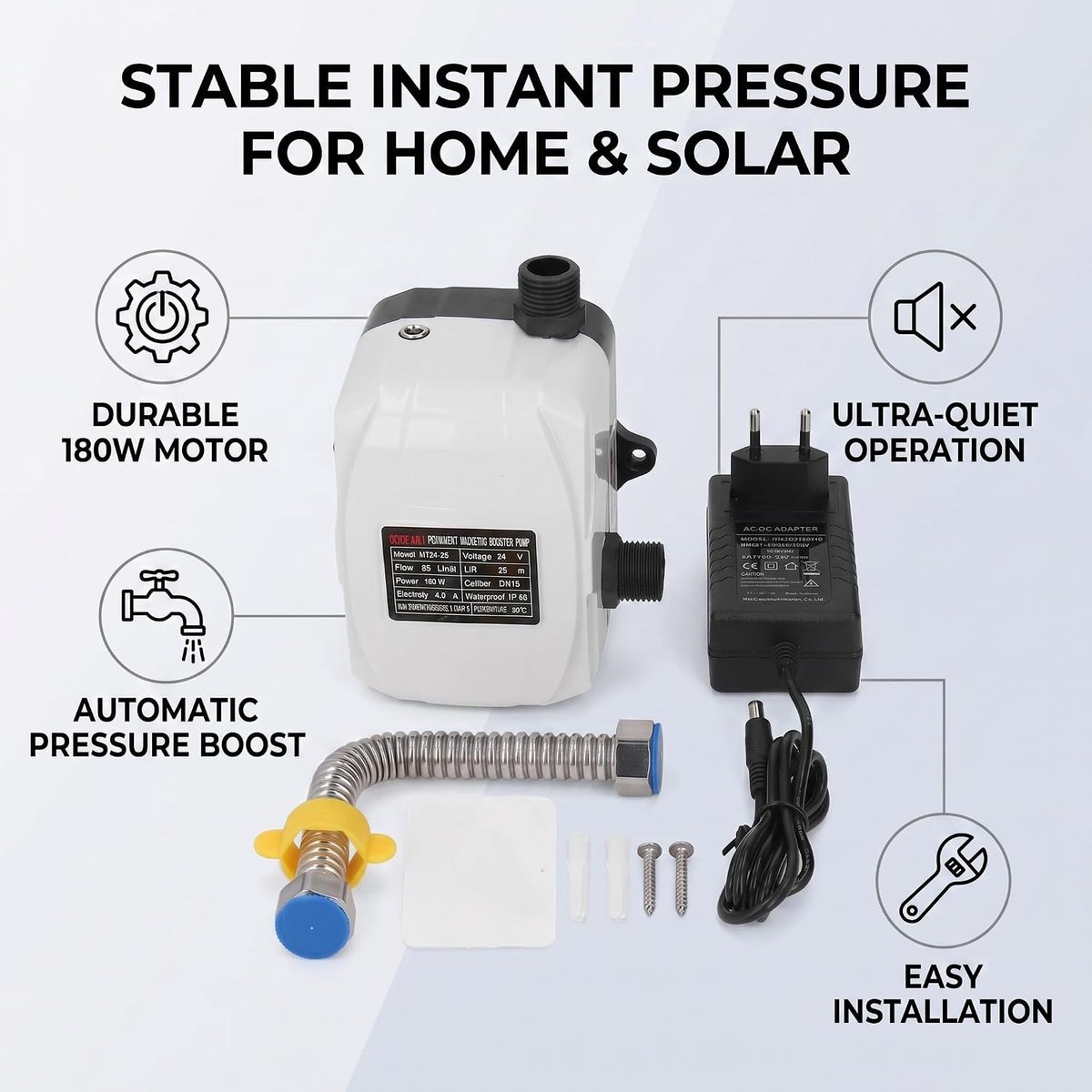 Pressure Booster Pump 180W DN15 Water Pump with Intelligent Start-Stop, Low Noise, 24V DC, EU Plug, 35L/min, for Home - ShopVlot