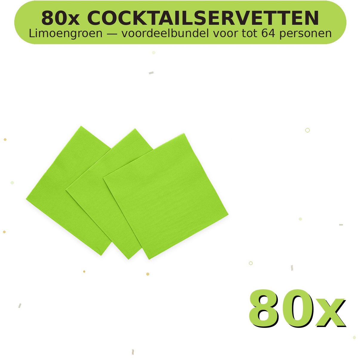 Cocktail servetten 24x24cm FSC Limoengroen - Voordeelverpakking 80 Stuks voor tot 64 Personen - Feestartikelen