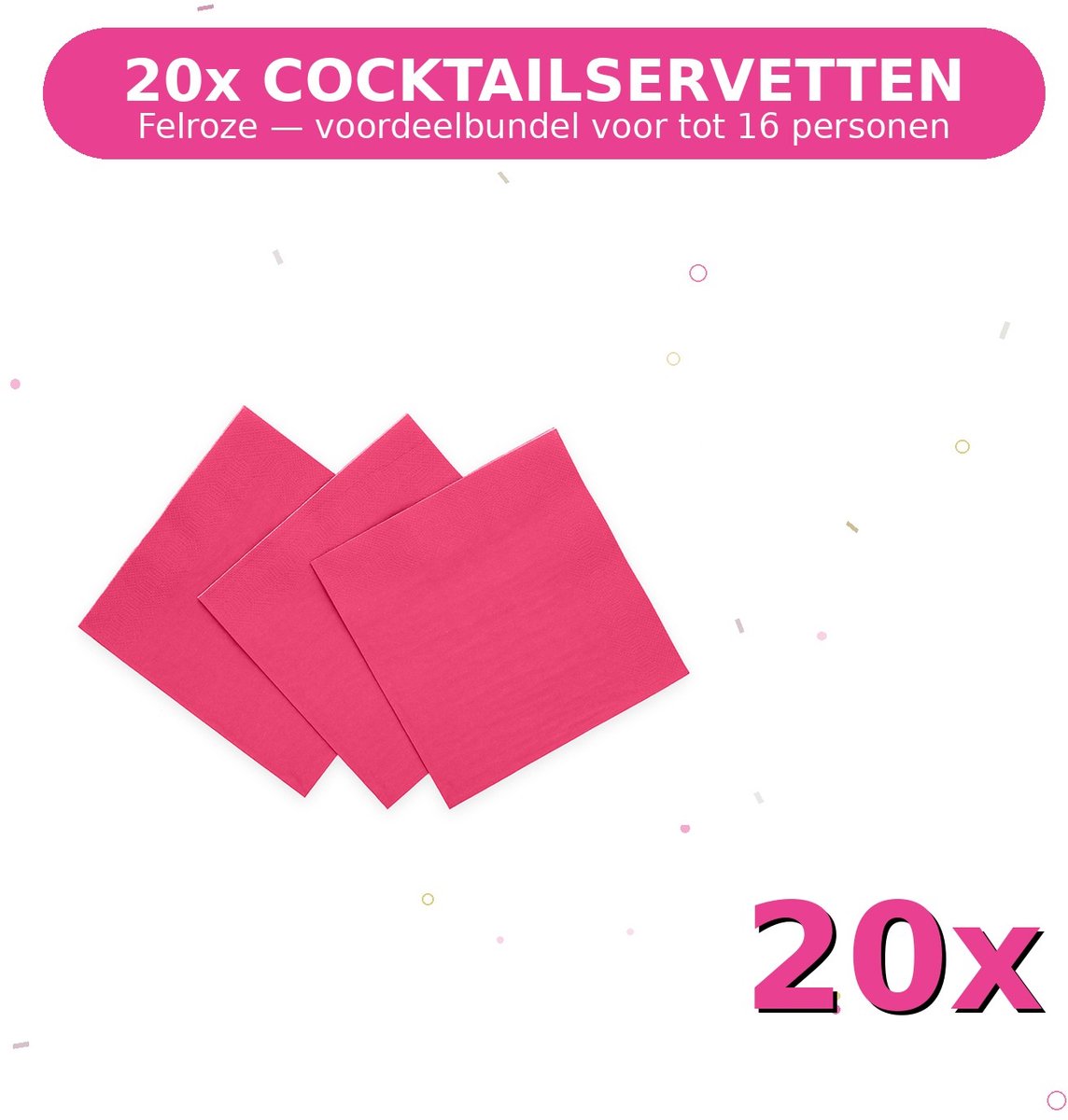 Cocktail servetten 24x24cm FSC Felroze - Voordeelverpakking 20 Stuks voor tot 16 Personen - Feestartikelen