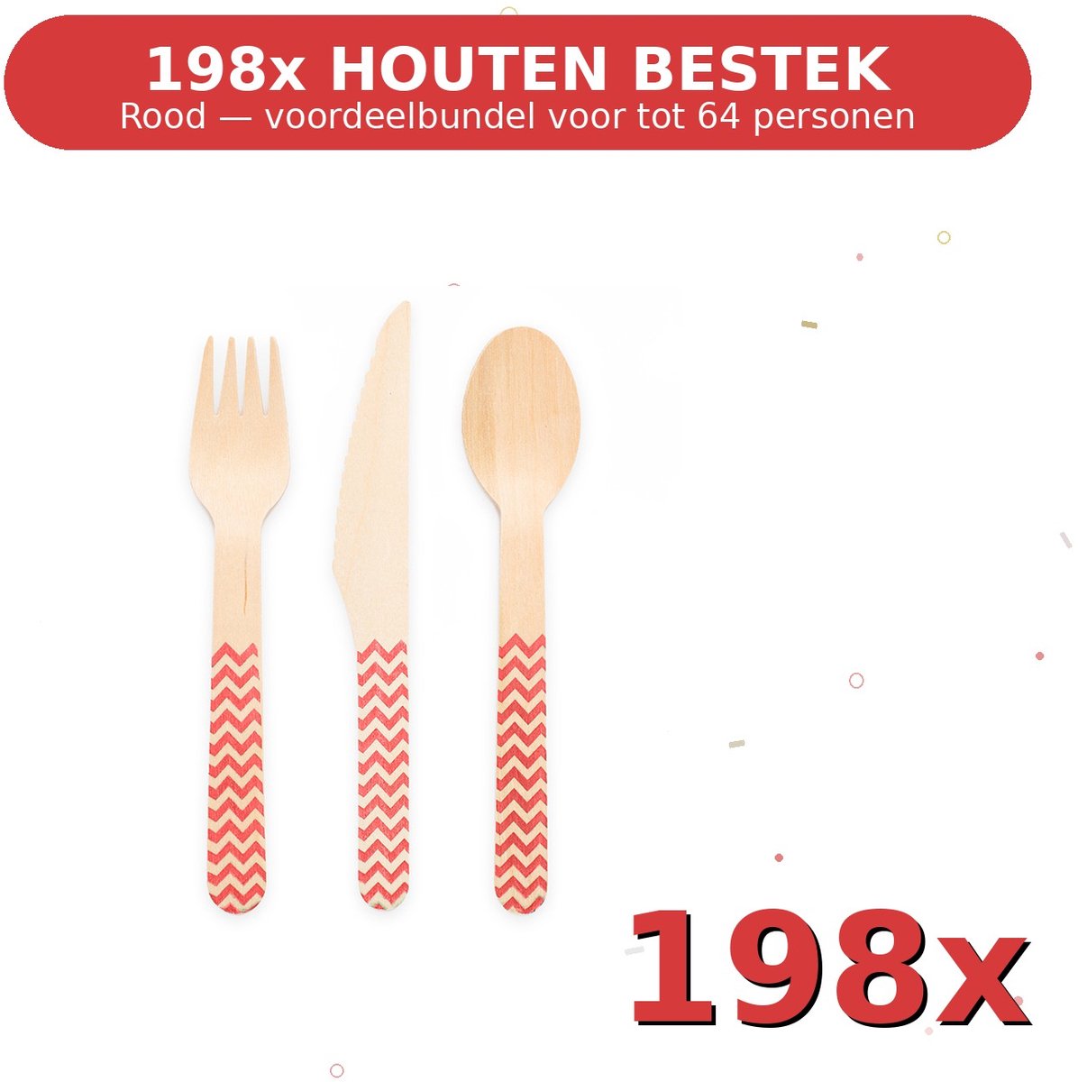 Houten bestek FSC Rood - Voordeelverpakking 198 Stuks voor tot 64 Personen - Feestartikelen