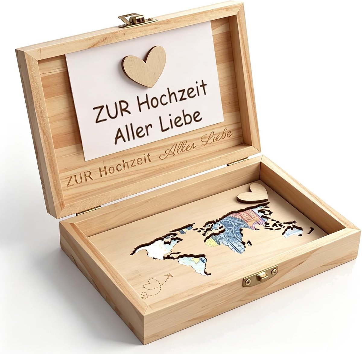 Geldgeschenk bruiloft wereldkaart hout, gepersonaliseerd - ShopVlot