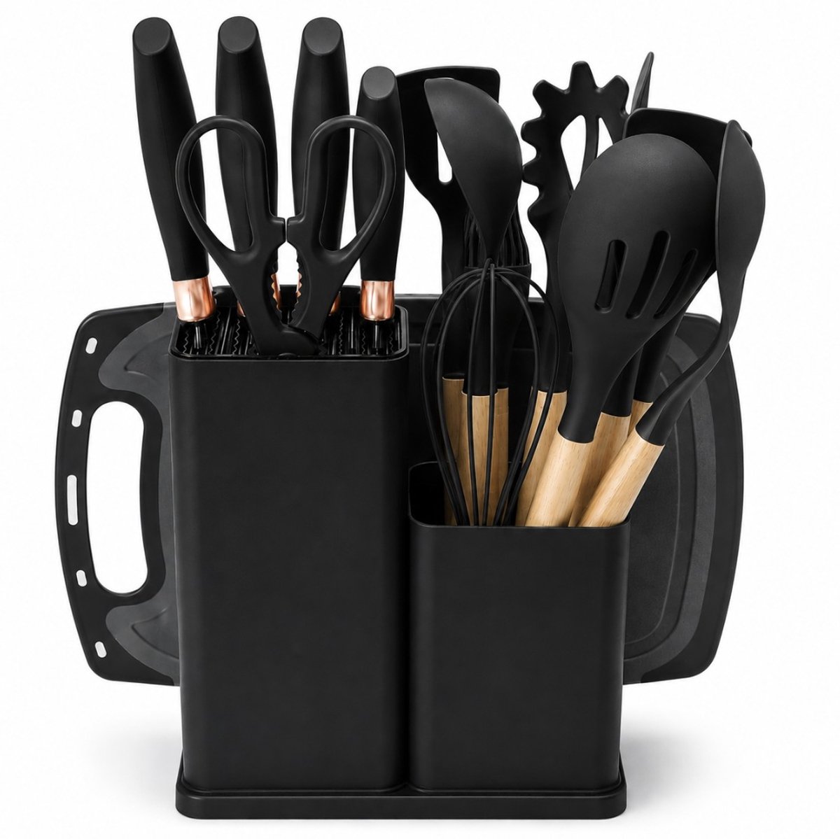 BSS® Messenset Keuken – 19-delige Keukengerei Set met 5 Messen, 12 Siliconen Keukenhulpen, Schaar, Snijplank en Opbergblok – Zwart