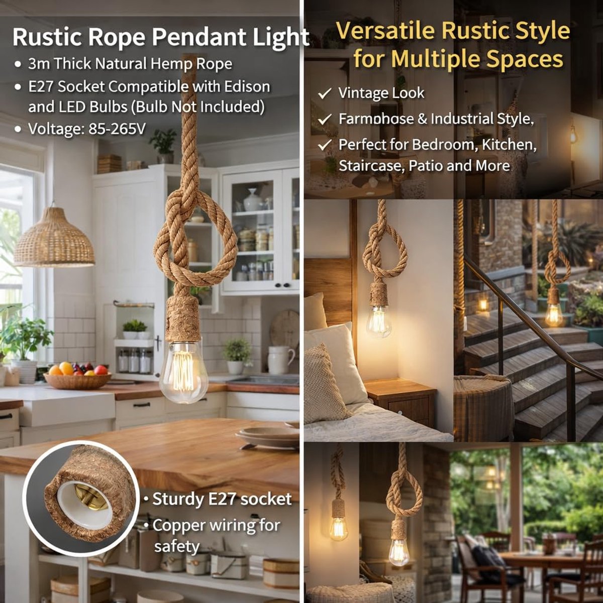 Vintage Pendant Light with Hemp Rope Cord, E27 Retro Kitchen Island Lamp, Length, Textile Cord, Living Room Lighting - ShopVlot