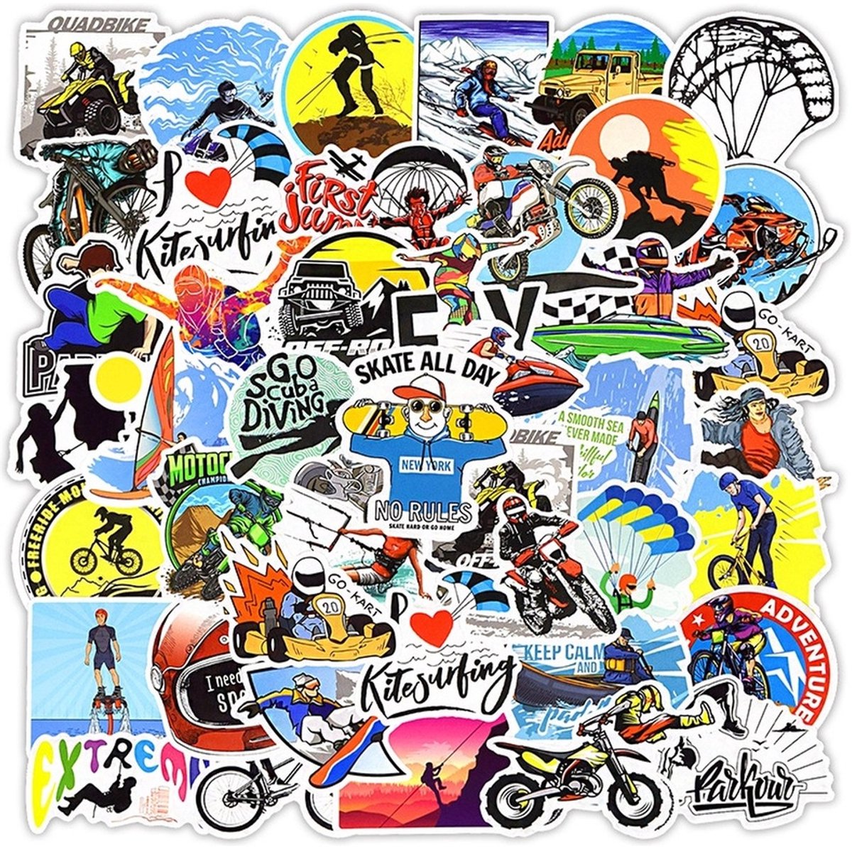 50 Extreme Sport Stickers – Duiken, Kitesurfen, Bergbeklimmen & Motorsport