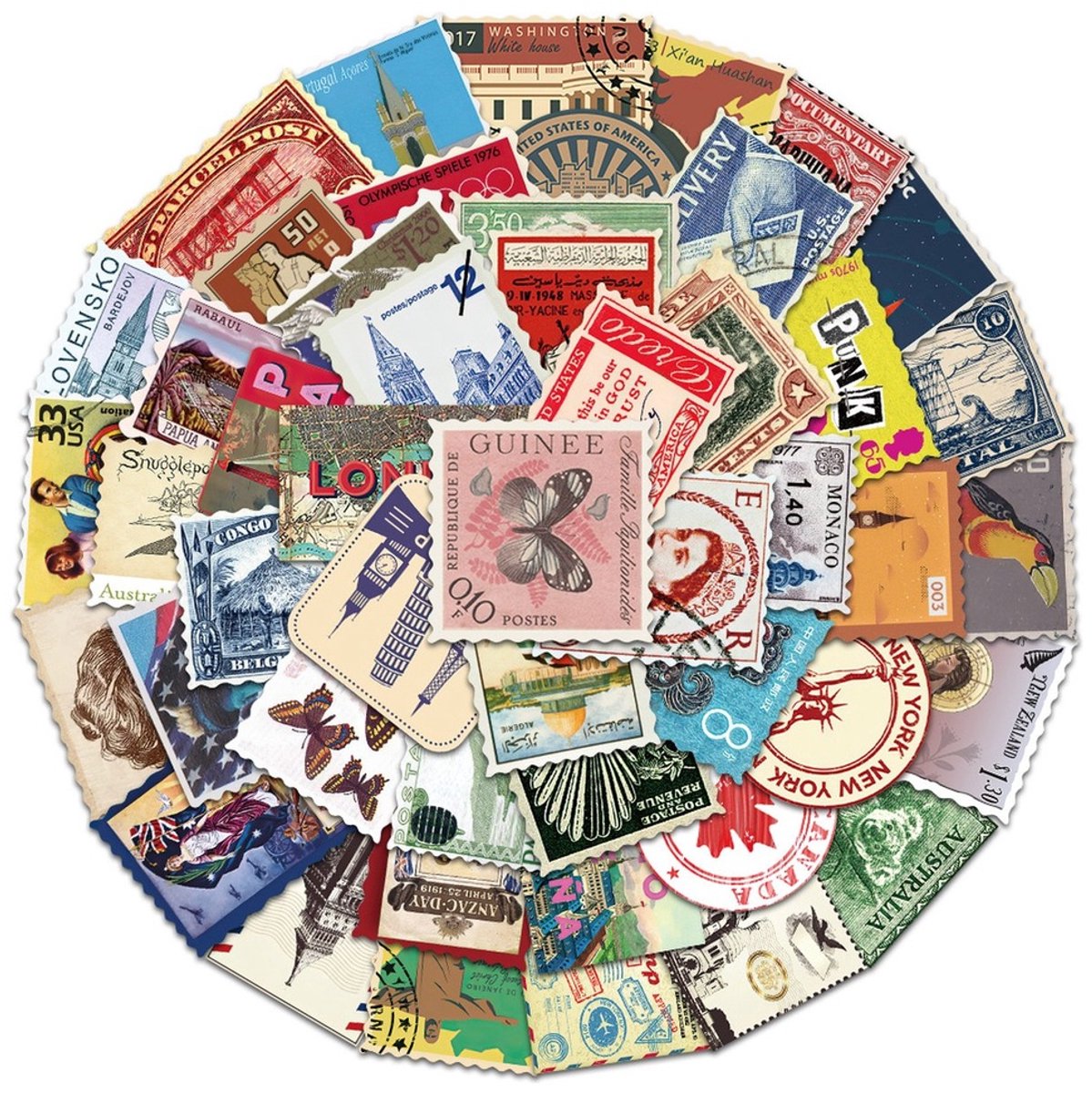 50 Postzegel & Steden Stickers – New York, Houston, Parijs & Reizen