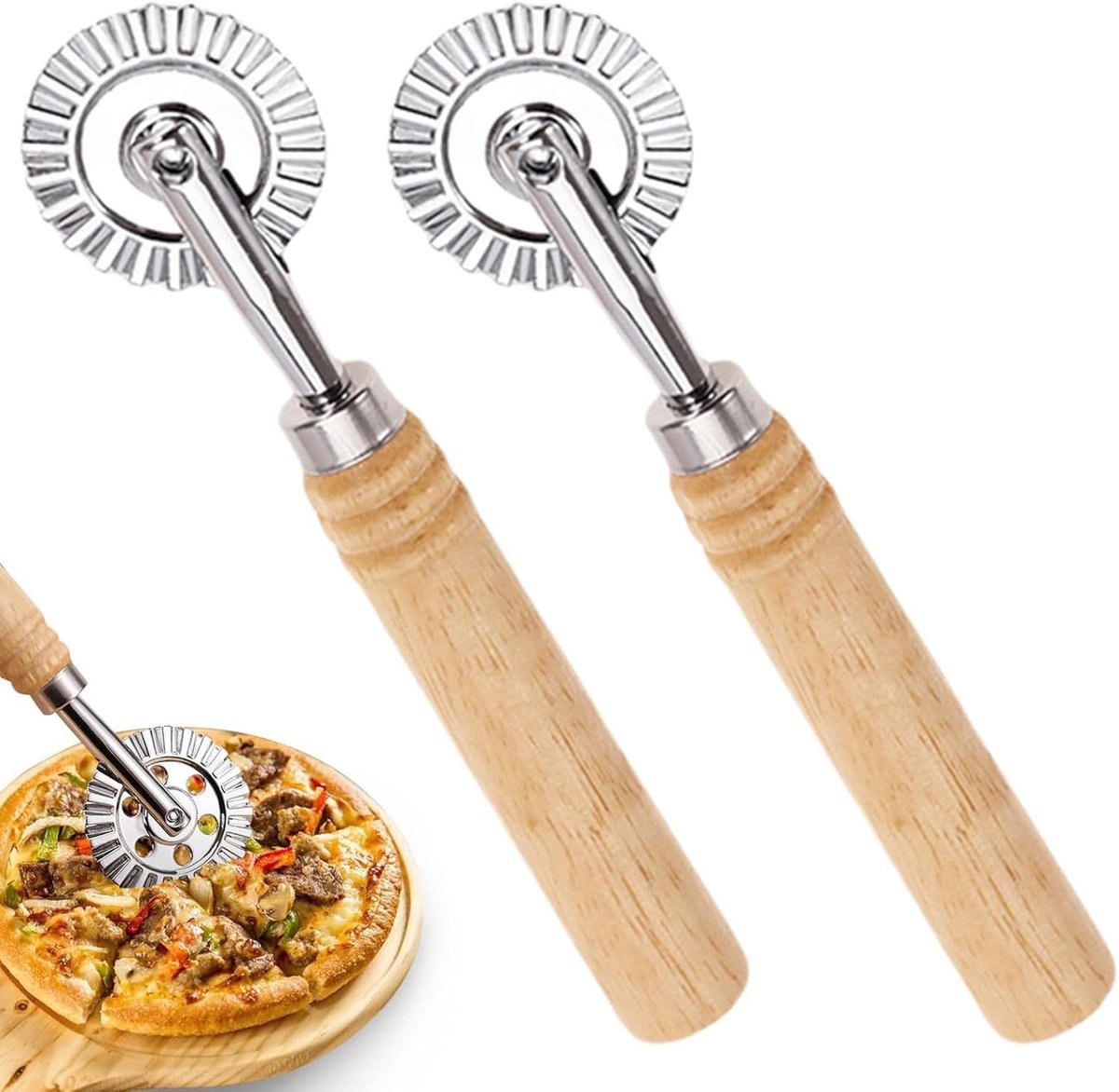 Deegsnijder gekarteld 2 stuks - roller met houten handvat - gegolfd snijwiel - perfect voor gebak - ShopVlot