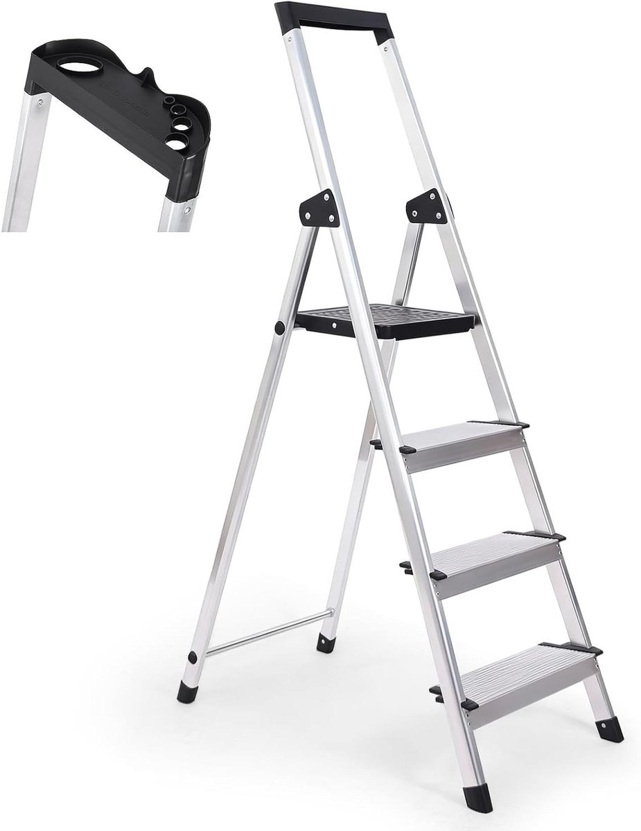 Aluminium Stepladder - Vouwtrap Huishoudtrap - Veilig Klussen - Met Gereedschapsbak - 140 cm 4 Treden - Zilverkleurig