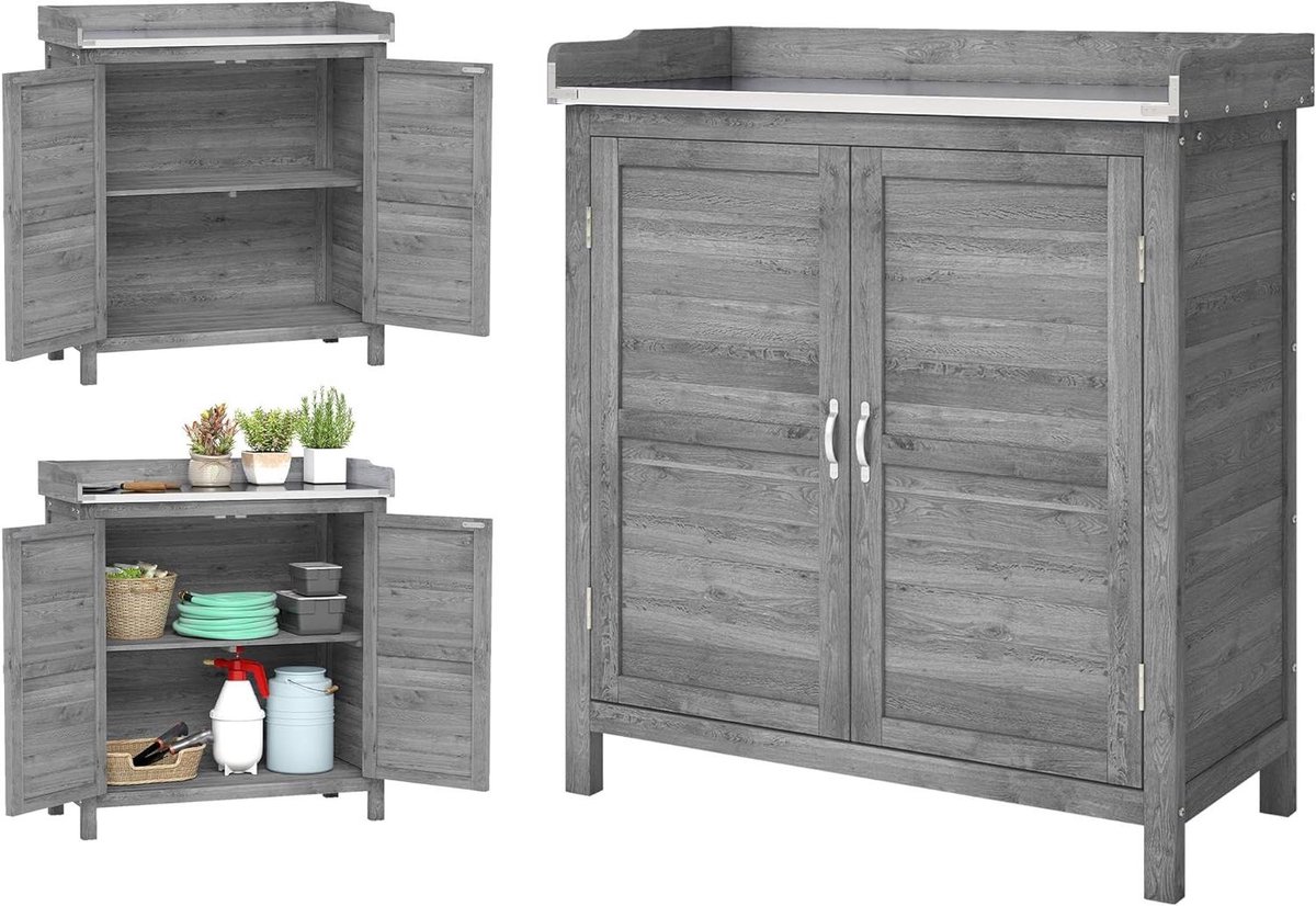 Plantentafel met kast - Tuinkast werktafel - Planten verzorgen - Werkblad van metaal - 83 x 40 x 92 cm