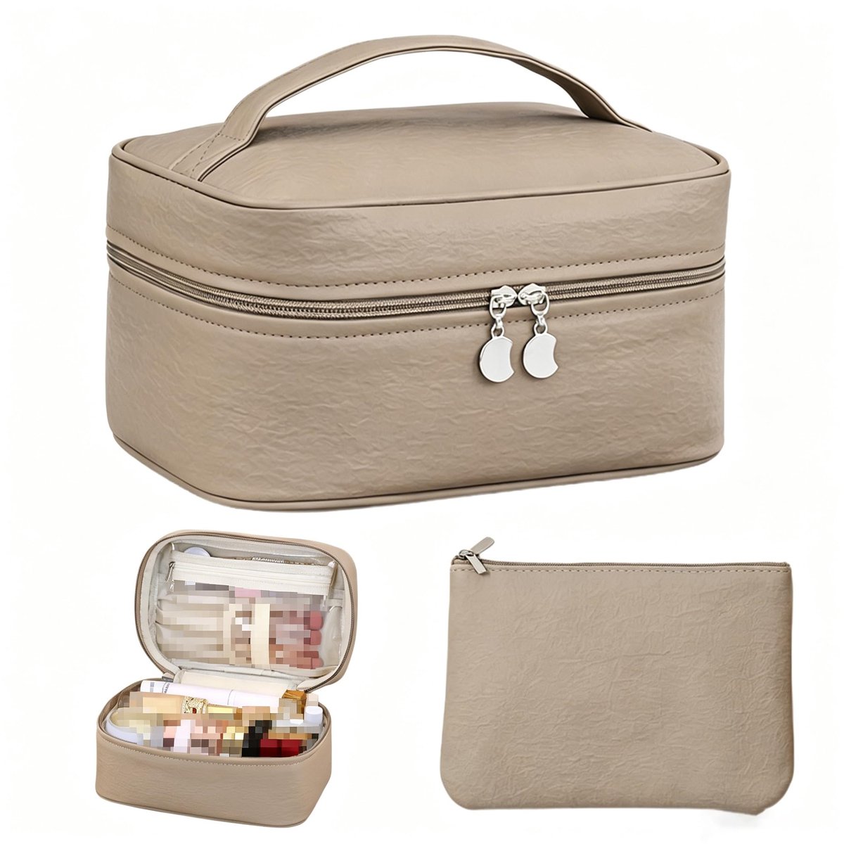 Make-up tas 2-in-1 groot - luxe lichtbruin - met compartimenten - ideale reisorganizer voor toilettas - ShopVlot