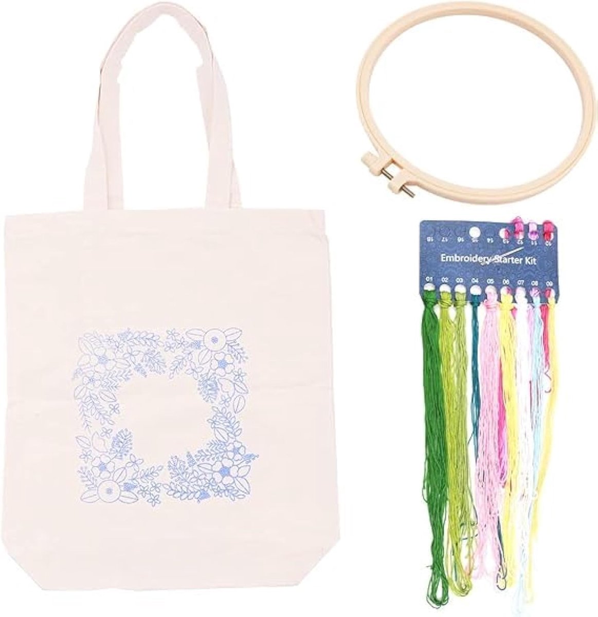 Borduurset Canvas draagtassen - bloemmotieven - bamboe borduurframes - perfect voor beginners - ShopVlot