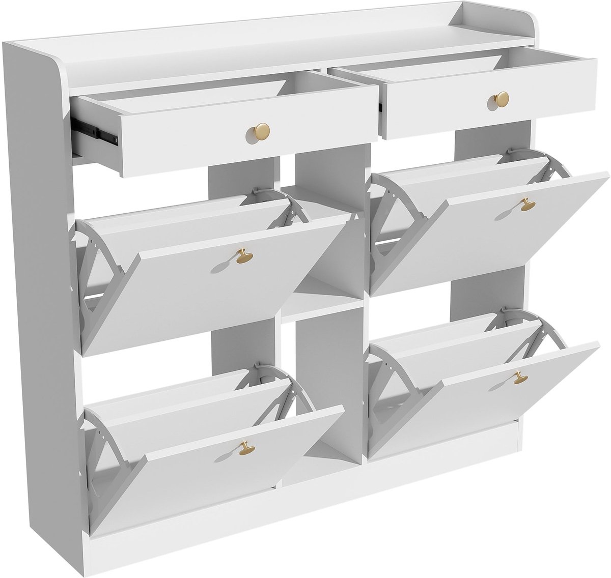 Merax Schoenenkast - 110 x 26 x 100 cm - Wit - 4 Klepdeuren - 2 Lades - 3 Open Vakken - Smalle Opbergkast voor Hal