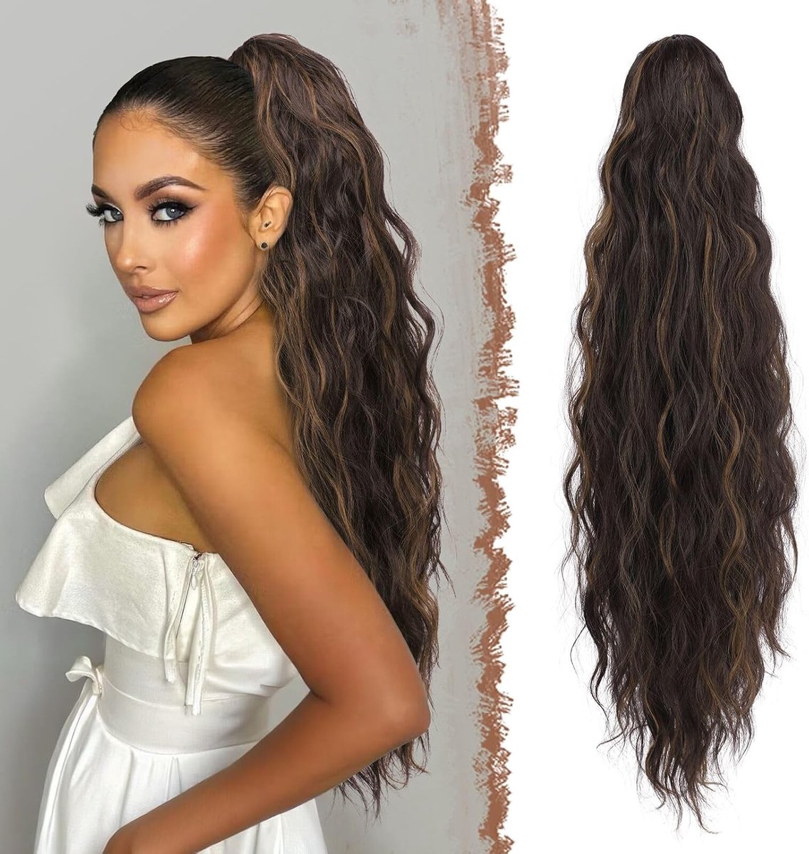 Langdurige Krullende Paardenstaart Extensions - 65cm Synthetische Haarstukken voor Vrouwen in Zwart, Bruin en Lichtbruin - Perfect voor Volumineuze Haarstijlen en Gemakkelijke Styling