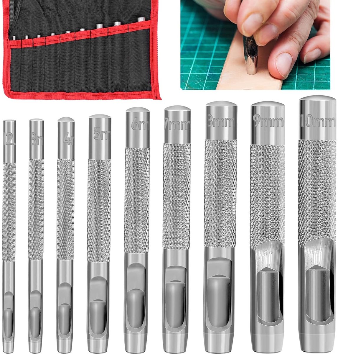 9-delige ronde perforator set voor leer, staal en canvas - holle ponsmachine 2.5-10 mm voor riemen, schoenen en stof