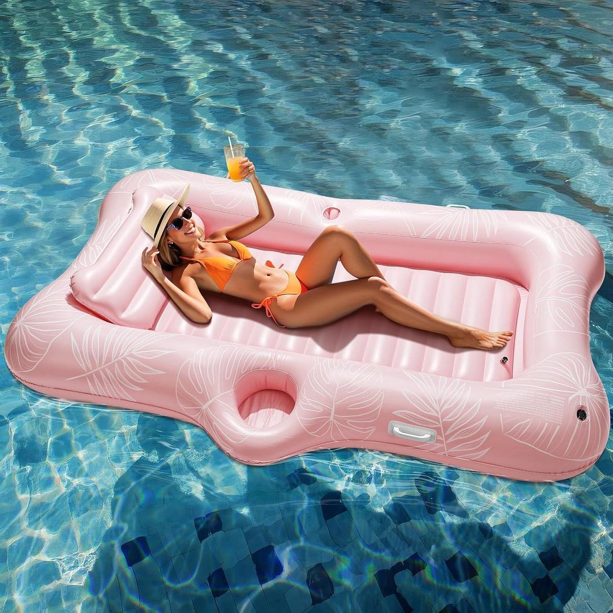 Opblaasbare Zwembadvlotter - Drijvende Boot - Ontspannen op Water - Met Bekerhouder - 210 x 128 cm - Roze Blad