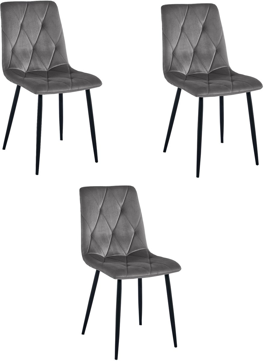 LEOBERT sp. z o.o. sp.k. Set van 3 Eetkamerstoelen LIBRA Donkergrijs – Zwarte Metalen Poten, Modern Velvet Bekleding, Ergonomisch Design, Max. 120 kg
