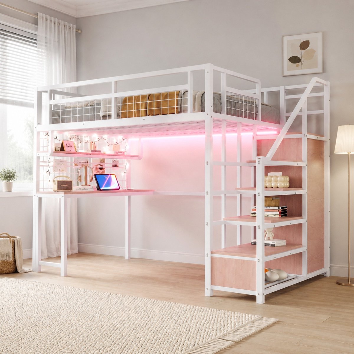 Wishdor Hoogslaper 140 x 200 cm - Met bureau, opbergladder en kledingkast - Verlichting, stopcontact en opbergruimte - Mdf en metaal - Voor compacte kamers