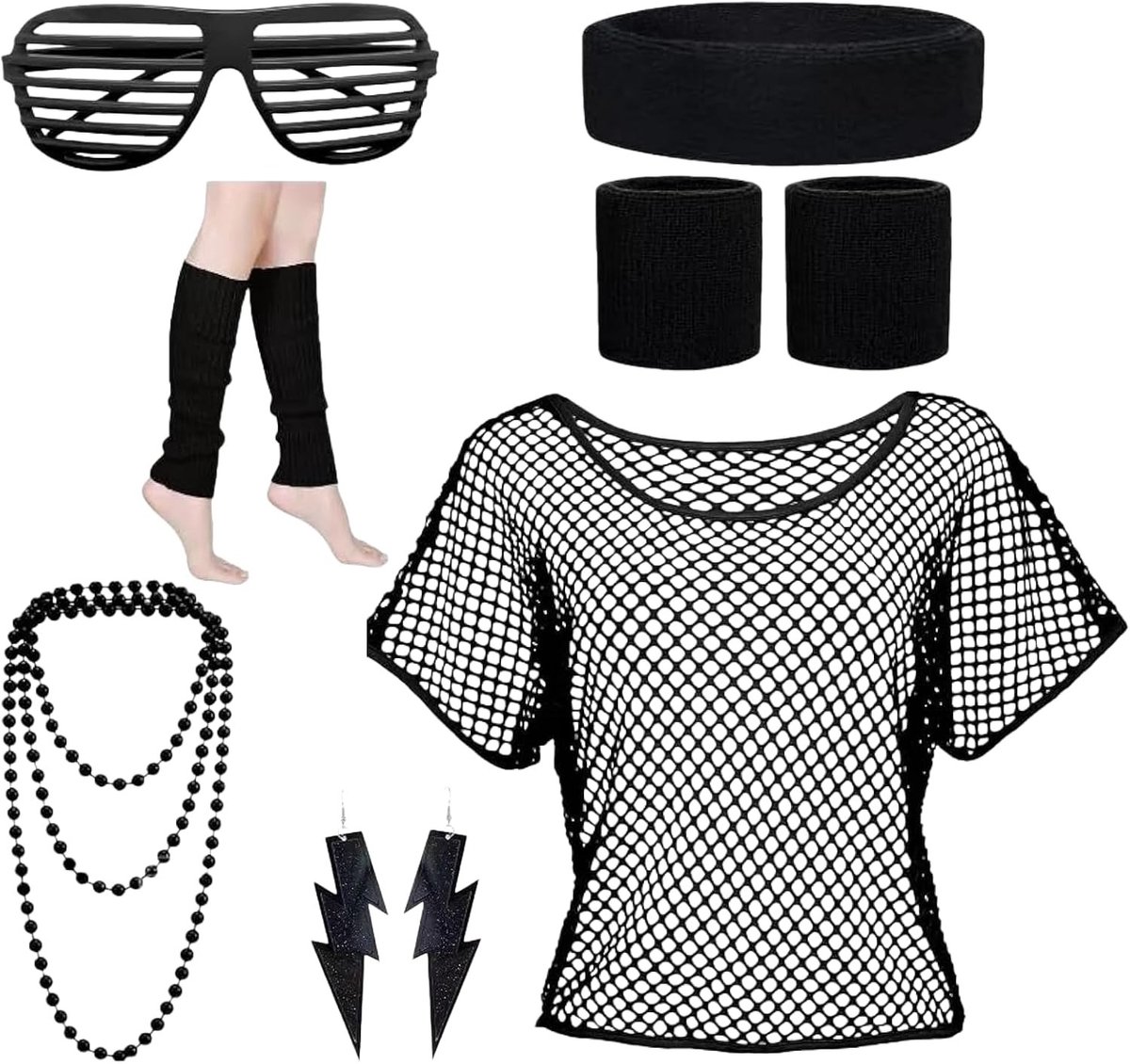 90s Retro Outfit voor Vrouwen - Net Top, Legwarmers en Sieraad voor Themafeest en Flashdance Party