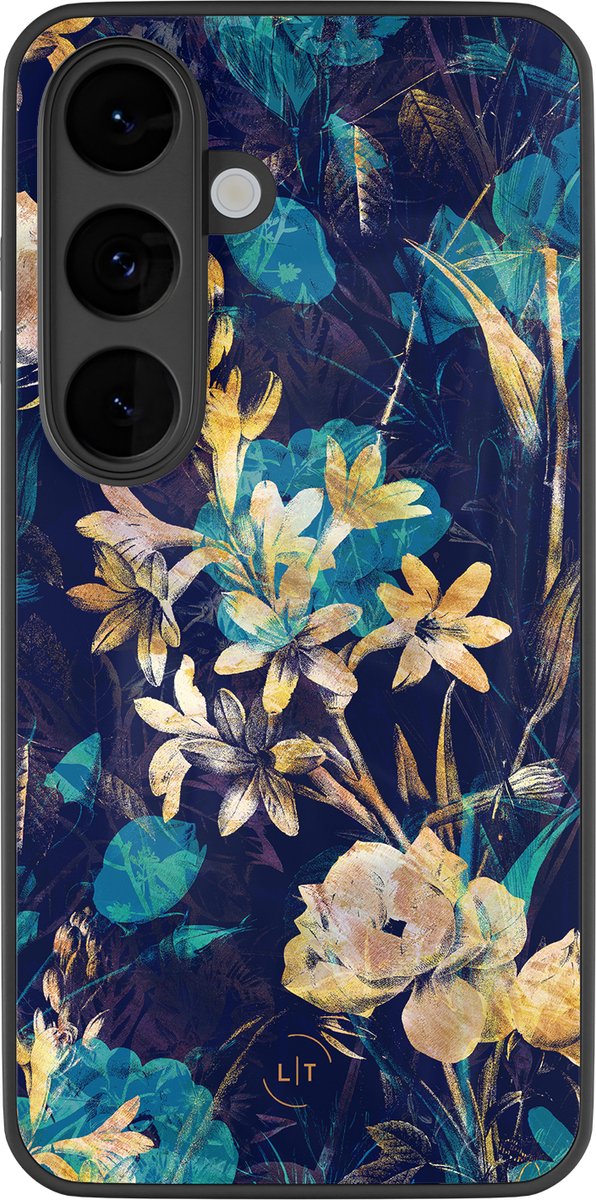 Hoesje geschikt voor Samsung Galaxy S26 - Bloemen turquoise - Luxe Glazen Hardcase - Bloemen - Blauw
